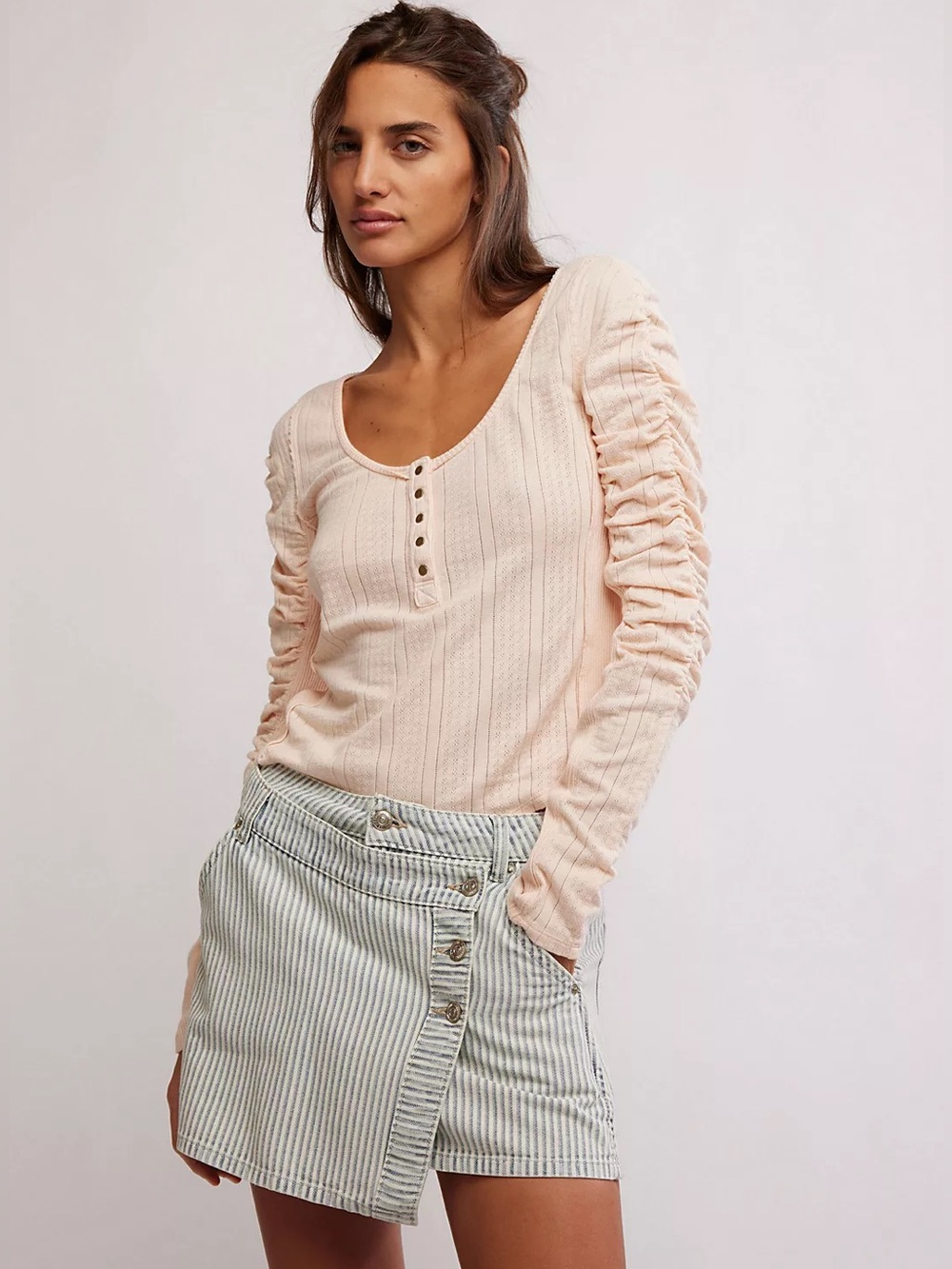 Free People Hope Henley Ribbed Long Sleeve Top in Light Pink